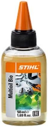 Olio multifunzione STIHL Multioil Bio 50 ml per lubrificazione e protezione, biodegradabile, adatto per catene di motoseghe, attrezzi da giardino e macchine agricole, confezione da 1,69 fl oz, etichetta arancione e nera.