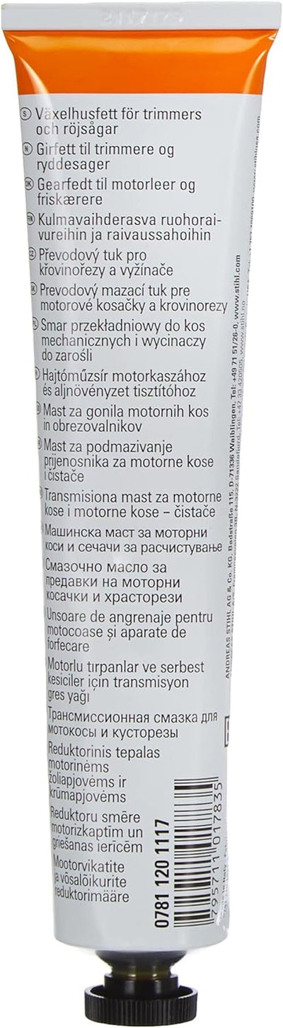 Stihl grasso lubrificante per riduttori di decespugliatori e tagliabordi, tubo da 80g, multi-lingua, alta qualità, lubrificazione efficace, manutenzione attrezzature da giardino, protezione ingranaggi, prolungamento vita utensili, facile applicazione.