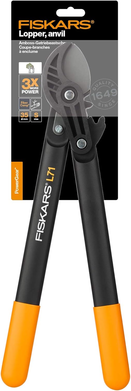 Cesoie a incudine Fiskars L71 PowerGear, taglia rami fino a 35 mm, manici ergonomici arancioni, ideali per giardinaggio, potatura, qualità garantita dal 1649, potenza triplicata, realizzate in materiale FiberComp resistente, confezione inclusa.