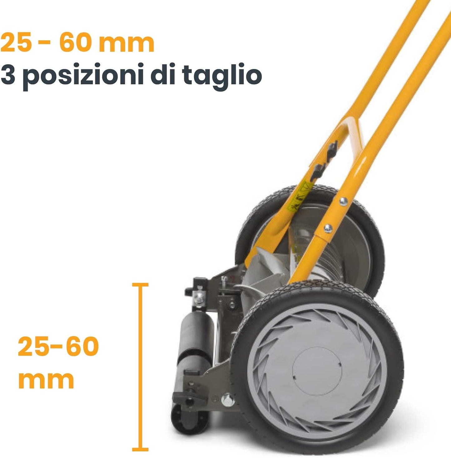 Rasaerba manuale con altezza di taglio regolabile da 25 a 60 mm, tre posizioni di taglio, ruote robuste e manico ergonomico giallo. Ideale per giardini di piccole e medie dimensioni.