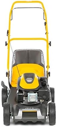 Tagliaerba a benzina giallo e nero, con motore potente e design ergonomico, visto frontalmente. Ideale per giardini di medie e grandi dimensioni. Dotato di ruote robuste e manico regolabile per un uso confortevole. Perfetto per taglio efficiente dell'erba.