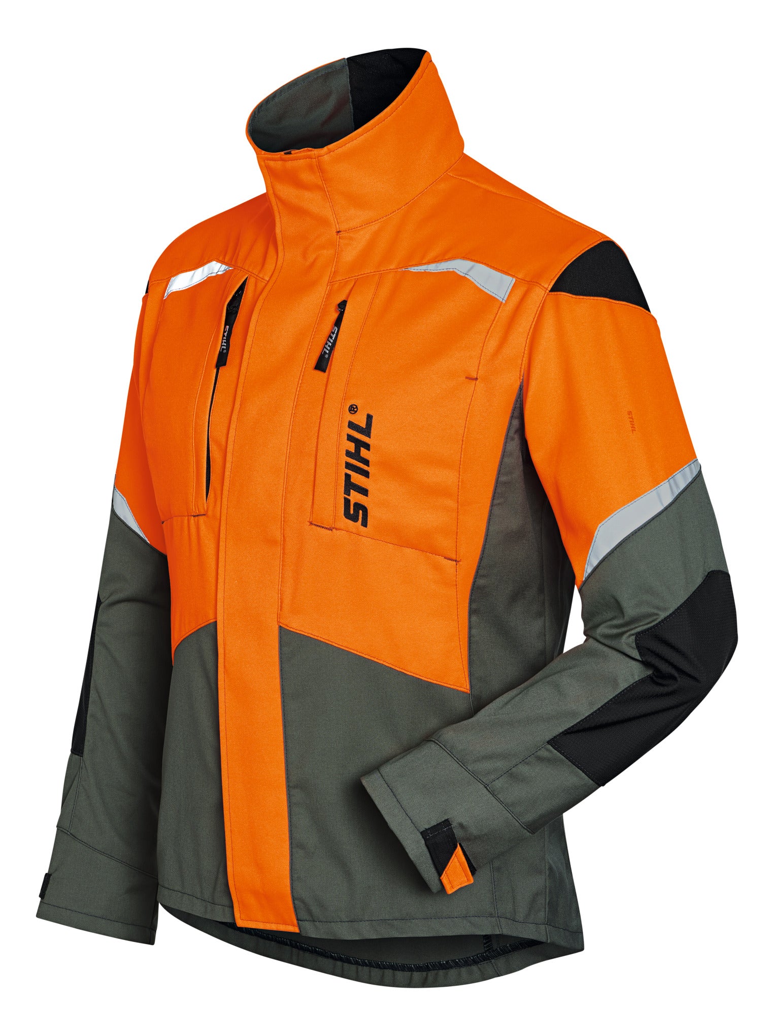 Vista frontale della Giacca Function Ergo STIHL in verde oliva, arancione e nero con dettagli riflettenti