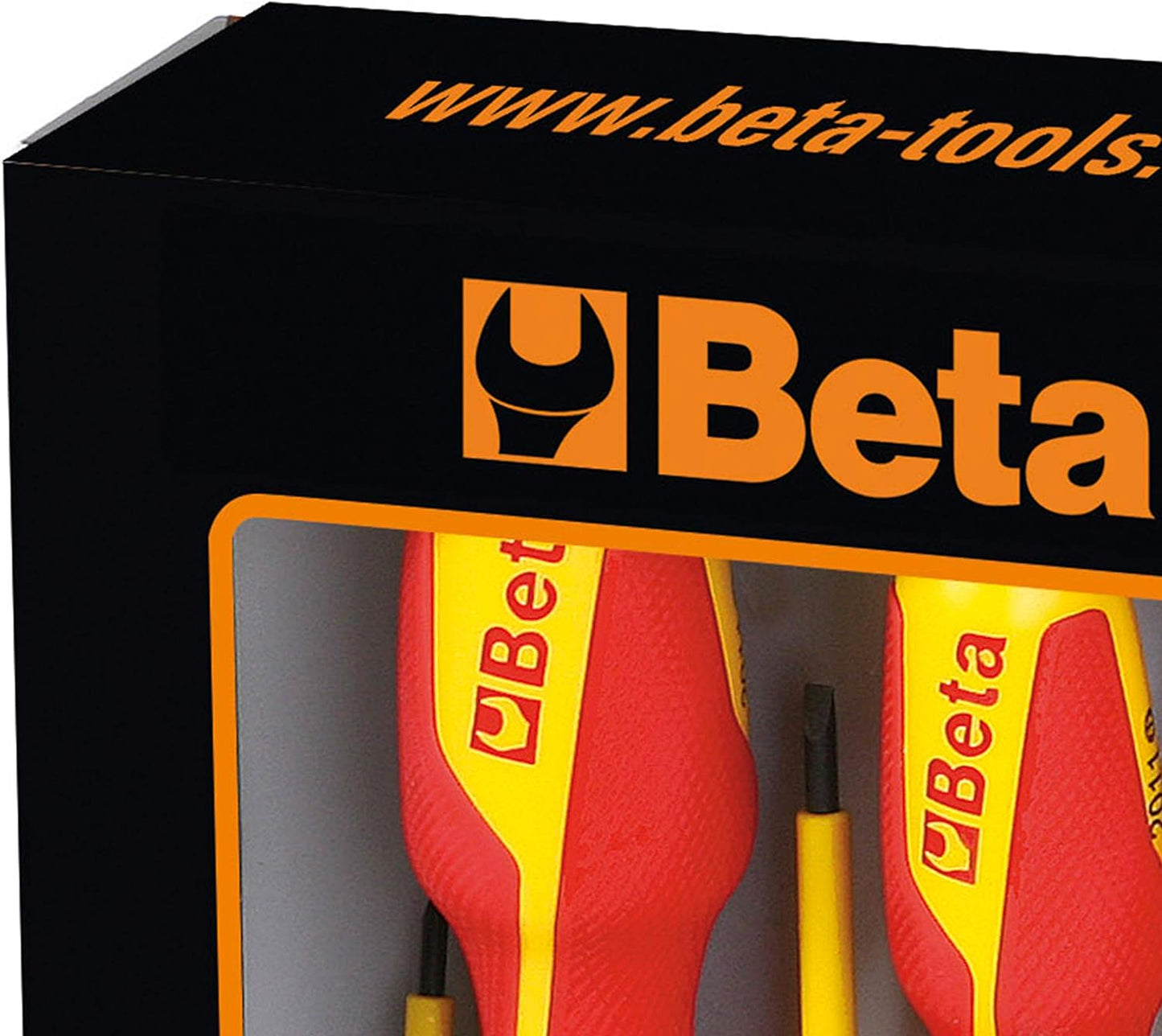 Set di cacciaviti Beta Tools, confezione da due pezzi con manici ergonomici rossi e gialli. Marchio Beta visibile sulla scatola nera con logo arancione. Perfetto per lavori di precisione e fai-da-te. Visita www.beta-tools.com.