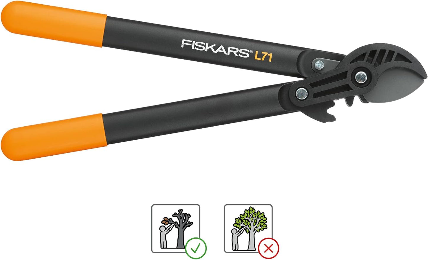 Forbici da potatura Fiskars L71 con manici arancioni, ideali per tagliare rami secchi e morti. Struttura robusta e lame affilate per un taglio preciso e senza sforzo. Perfette per giardinaggio e manutenzione di alberi e arbusti.