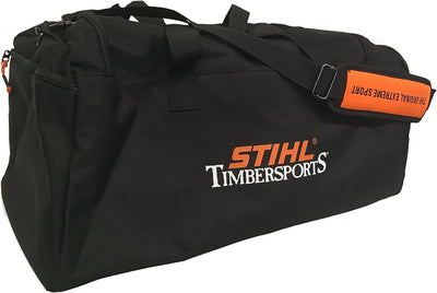 Borsa sportiva nera STIHL TIMBERSPORTS con logo arancione e bianco, tracolla regolabile con imbottitura arancione "THE ORIGINAL EXTREME SPORT", tasche laterali con cerniera. Ideale per attività sportive e outdoor.