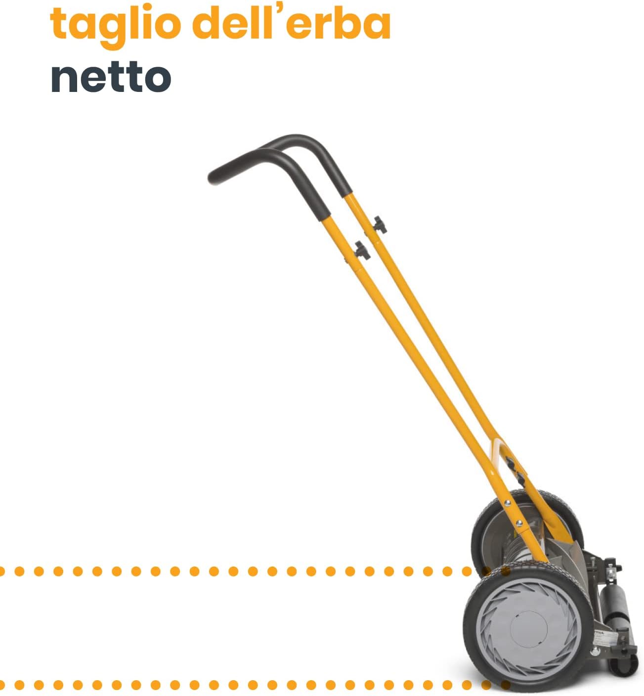 Rasaerba manuale a spinta con manico ergonomico giallo e nero, design compatto e leggero, ideale per un taglio dell'erba netto e preciso. Perfetto per piccoli giardini e spazi verdi. Testo promozionale: "taglio dell’erba netto".