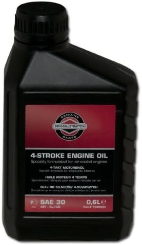 Bottiglia di olio motore a 4 tempi Briggs & Stratton Genuine Parts SAE 30, 0,6 litri, formulato per motori raffreddati ad aria, API SJ/CD. Ideale per la manutenzione di attrezzature da giardino e piccoli motori.