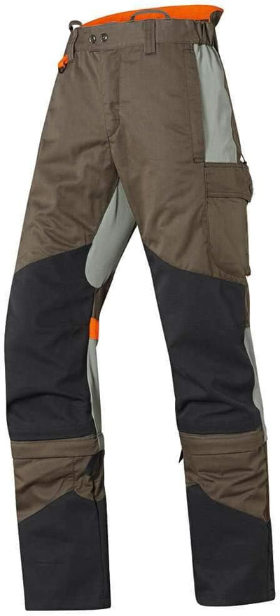 Pantaloni da lavoro multitasche, resistenti, colore marrone, grigio e nero con dettagli arancioni, ideali per attività outdoor e lavori manuali, design ergonomico per massimo comfort e libertà di movimento, tessuto robusto e durevole, taglia media.