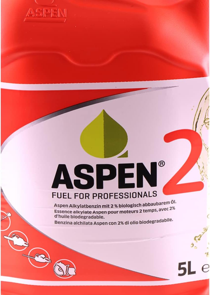 Tanica di benzina alchilata Aspen 2 per motori a due tempi, 5 litri, con il 2% di olio biodegradabile, combustibile ecologico per professionisti, confezione rossa con logo verde e scritte in diverse lingue.