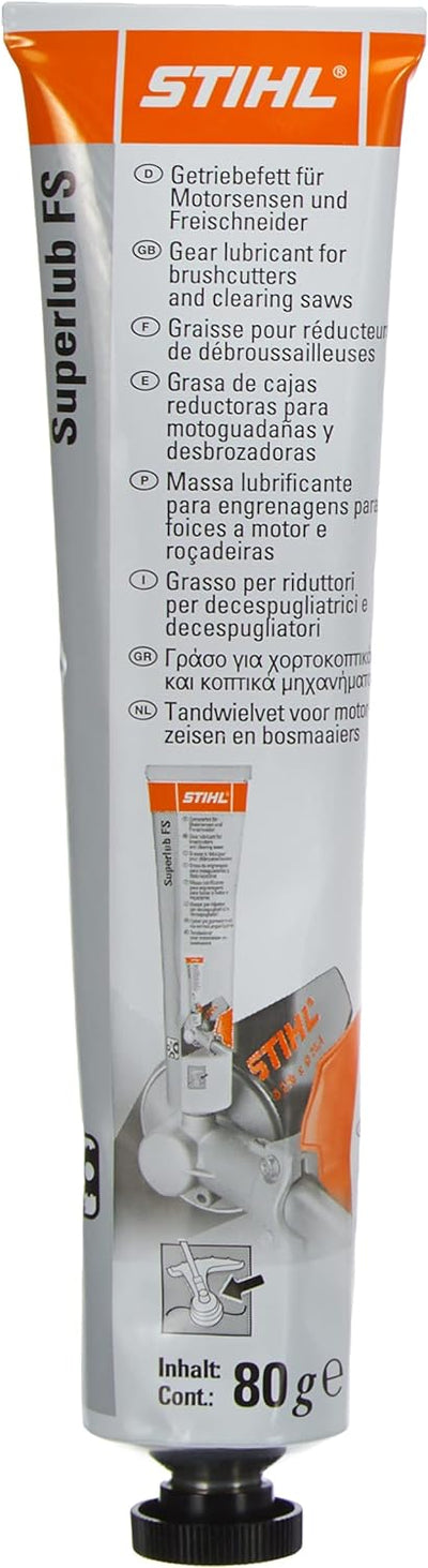 STIHL Superlub FS 80g, grasso lubrificante per riduttori di decespugliatori e motoseghe, adatto per ingranaggi di decespugliatrici e tagliasiepi, lubrificante per motori e attrezzi da giardino, confezione da 80 grammi.