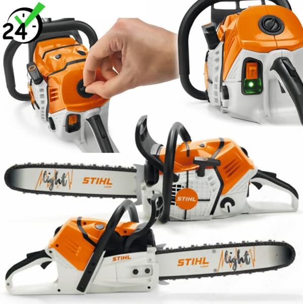 Motosega Stihl arancione e bianca con avviamento facilitato, interruttore di sicurezza e design ergonomico. Ideale per taglio di legna e lavori di giardinaggio. Motore potente e lama affilata per prestazioni ottimali. Disponibile con spedizione rapida.