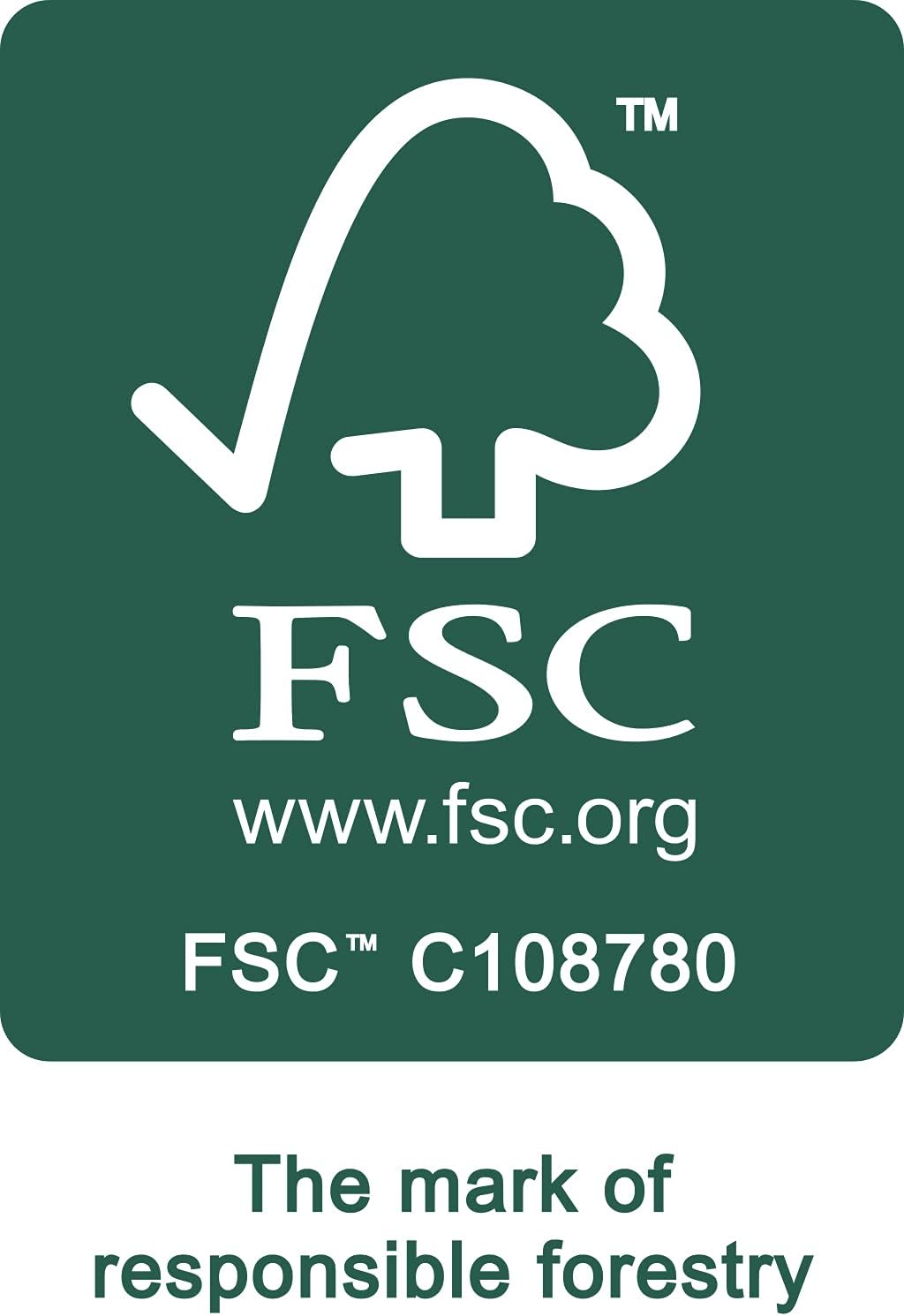 Certificazione FSC™ C108780, logo verde con albero stilizzato, sito web www.fsc.org, marchio della gestione forestale responsabile.