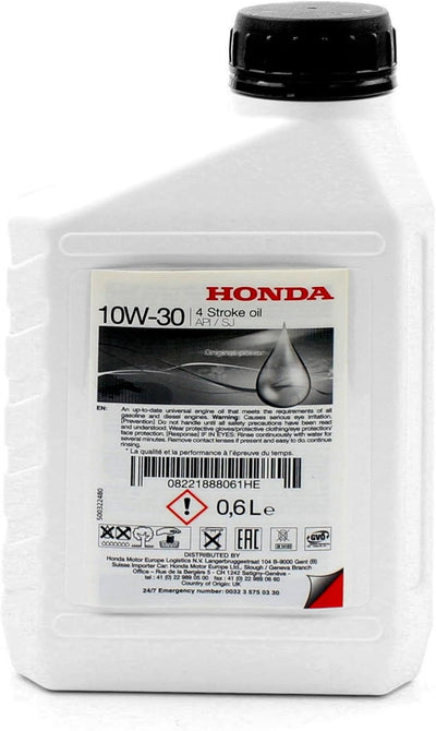 Olio motore Honda 10W-30 per motori a 4 tempi, API SJ, confezione da 0,6 litri. Prodotto universale per motori a benzina e diesel. Alta qualità e prestazioni. Codice prodotto: 08221888061HE.