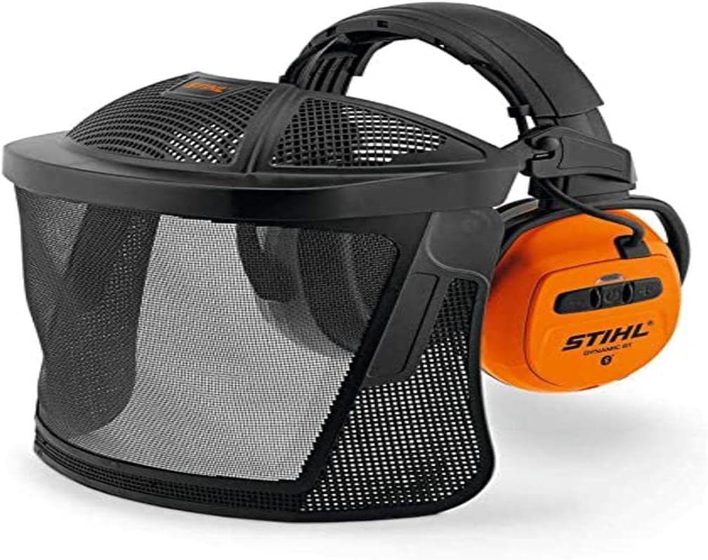 Casco protettivo STIHL Dynamic BT con visiera in rete e cuffie antirumore arancioni, ideale per lavori di giardinaggio e forestali. Protezione per viso e orecchie, comfort e sicurezza. Accessorio indispensabile per professionisti e hobbisti.