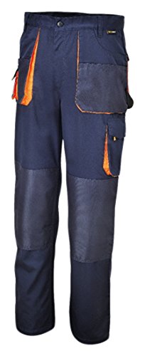 Pantaloni da lavoro blu scuro con rinforzi sulle ginocchia, tasche multiple e dettagli arancioni, ideali per operai e professionisti che necessitano di abbigliamento resistente e funzionale. Materiale robusto e design pratico per il massimo comfort.