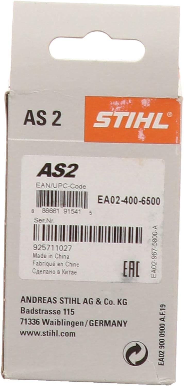 Confezione batteria STIHL AS2, codice prodotto EA02-400-6500, EAN 88661915415, Made in China. Produttore: Andreas STIHL AG & Co. KG, Badstrasse 115, 71336 Waiblingen, Germania. Sito web: www.stihl.com.