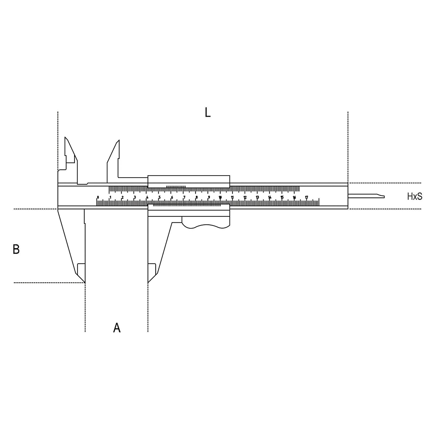 Disegno tecnico di un calibro a corsoio con scale di misurazione. Le dimensioni indicate sono: A per la profondità, B per la larghezza del becco, L per la lunghezza totale e HxS per la misura dell'asta.