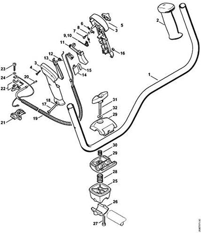 Esploso di componenti per manubrio di bicicletta, inclusi manopole, leve freno, cavi, viti e morsetti. Ricambi per riparazione e manutenzione di biciclette. Schema dettagliato di montaggio per facile identificazione e sostituzione.