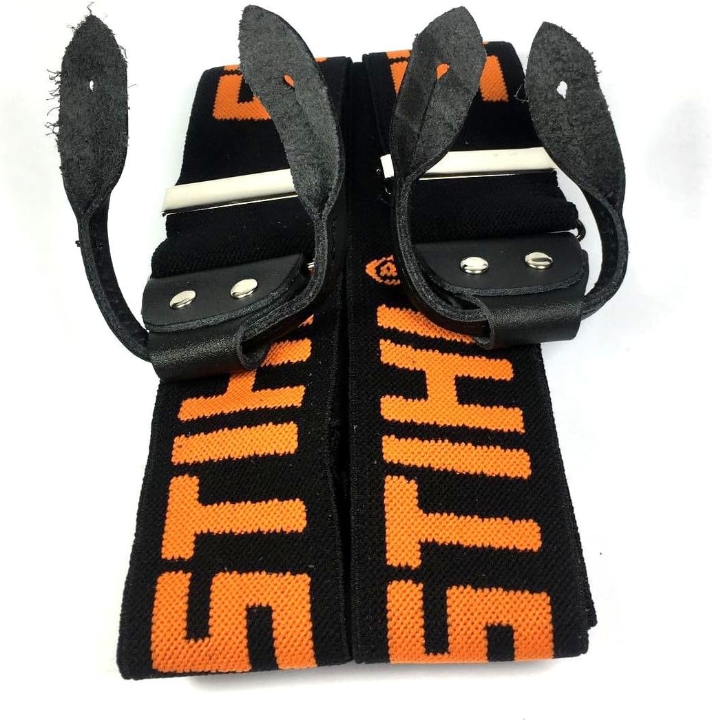 Cinghie di ricambio per bretelle di sicurezza Stihl, colore nero con logo arancione, realizzate in materiale robusto con fibbie in metallo e passanti in pelle, ideali per un supporto sicuro e confortevole durante l'uso di attrezzature da lavoro.