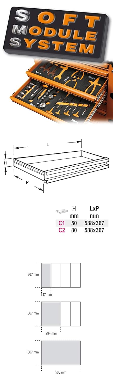 Cassettiere Soft Module System Beta Tools con cassetti organizzati per utensili, dimensioni 588x367 mm, altezze 50 mm (C1) e 80 mm (C2). Perfette per officine e garage, garantiscono ordine e accesso rapido agli strumenti.