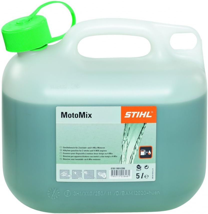 Tanica STIHL MotoMix 5 litri - Miscela di benzina per motori a due tempi e 4-Mix, ideale per attrezzature da giardinaggio. Immagine della confezione con tappo verde e etichetta frontale.