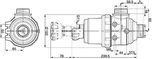 Disegno tecnico di una valvola industriale con misure dettagliate: diametro 65 mm, lunghezza totale 239,5 mm, attacco G1/2, altezza 82 mm, larghezza 58,5 mm. Ideale per applicazioni idrauliche e pneumatiche.