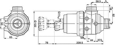 Disegno tecnico di una valvola industriale con misure dettagliate: diametro 65 mm, lunghezza totale 239,5 mm, attacco G1/2, altezza 82 mm, larghezza 58,5 mm. Ideale per applicazioni idrauliche e pneumatiche.