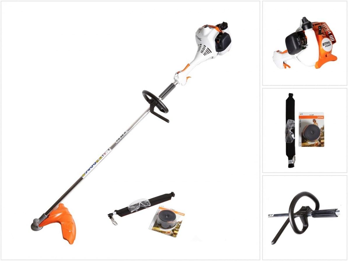 Decespugliatore a benzina Stihl FS 56 R con motore potente, impugnatura ergonomica e protezione arancione. Include accessori: tracolla, testa di taglio e manuale. Ideale per giardinaggio e manutenzione di spazi verdi.