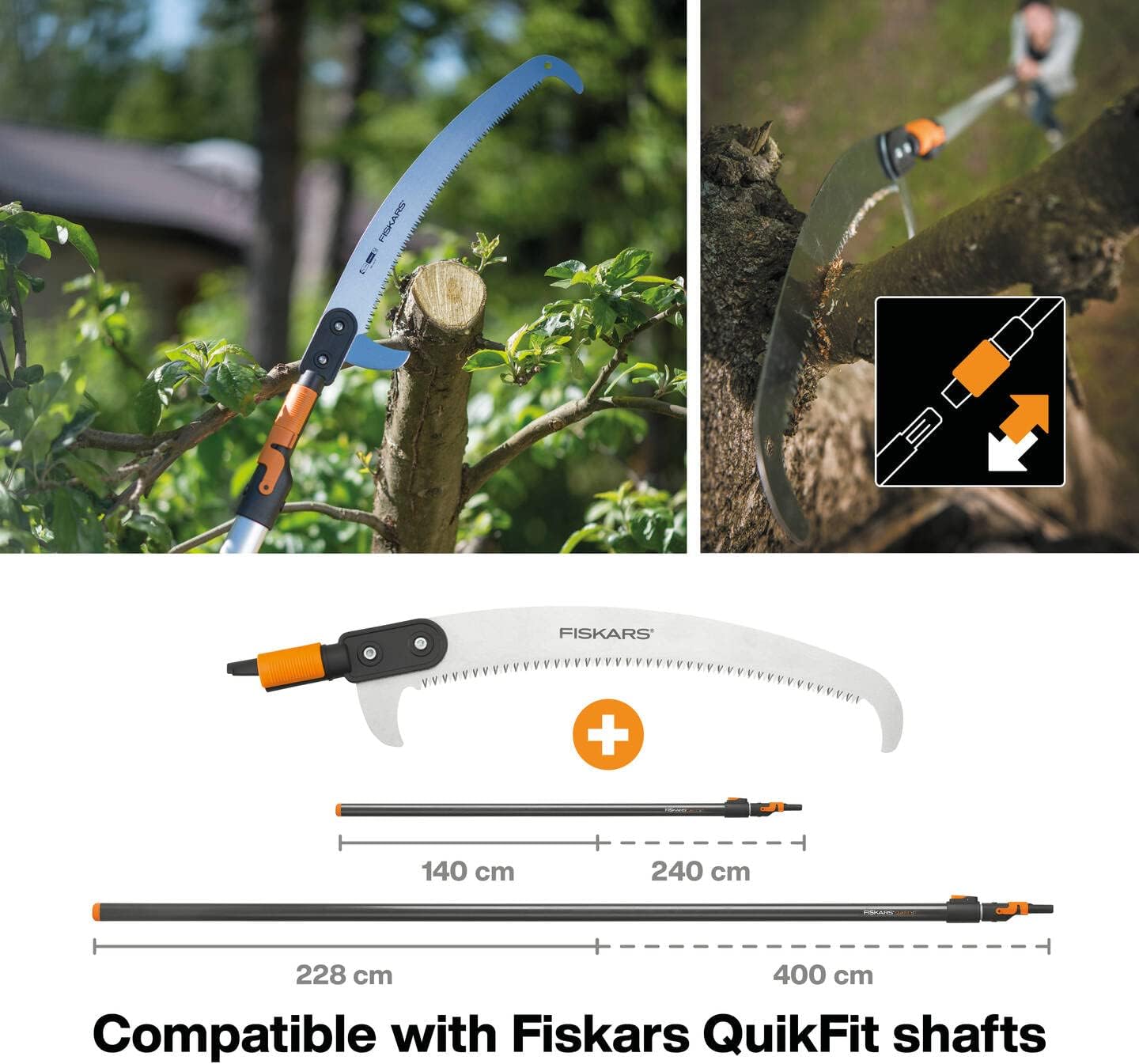 Immagine di una sega per potatura Fiskars QuikFit in azione su un albero, con dettagli del prodotto e misure dell'asta estensibile (140 cm, 240 cm, 400 cm). Compatibile con i manici QuikFit di Fiskars. Ideale per giardinaggio e potatura.