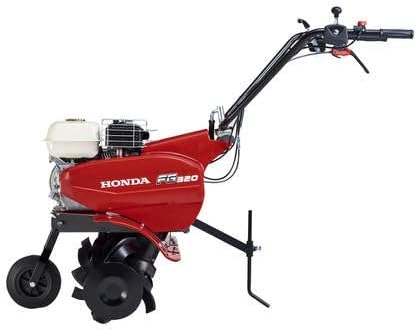 Motozappa Honda FG320, attrezzo agricolo rosso con motore a benzina, ideale per la lavorazione del terreno. Dotata di manubrio ergonomico, ruota anteriore per il trasporto e lame robuste per una maggiore efficienza. Perfetta per giardinaggio e orticoltura.