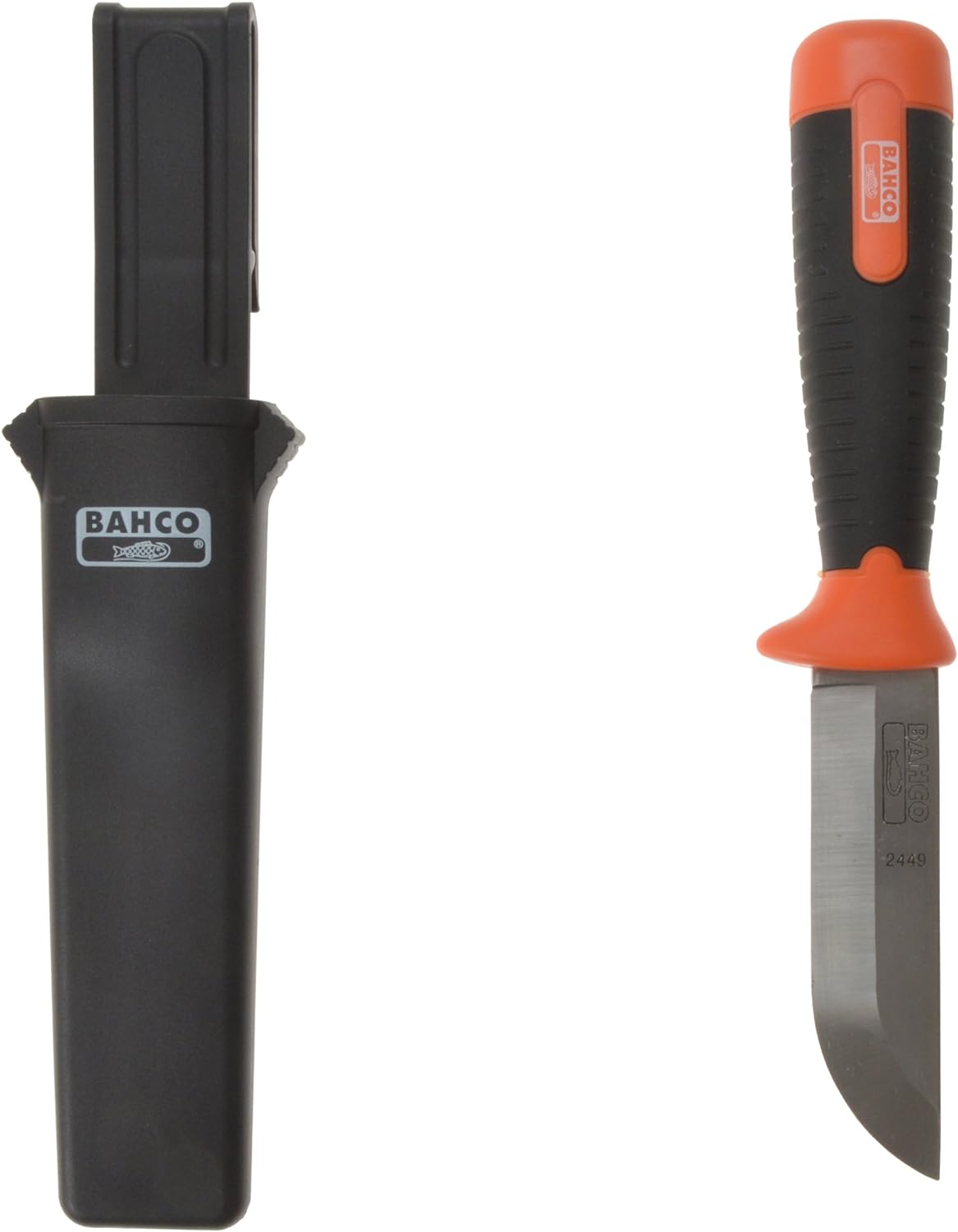 Coltello da lavoro Bahco 2449 con lama in acciaio inossidabile e manico ergonomico nero e arancione, accanto a fodero protettivo nero. Ideale per lavori di precisione e outdoor. Alta qualità e durabilità.