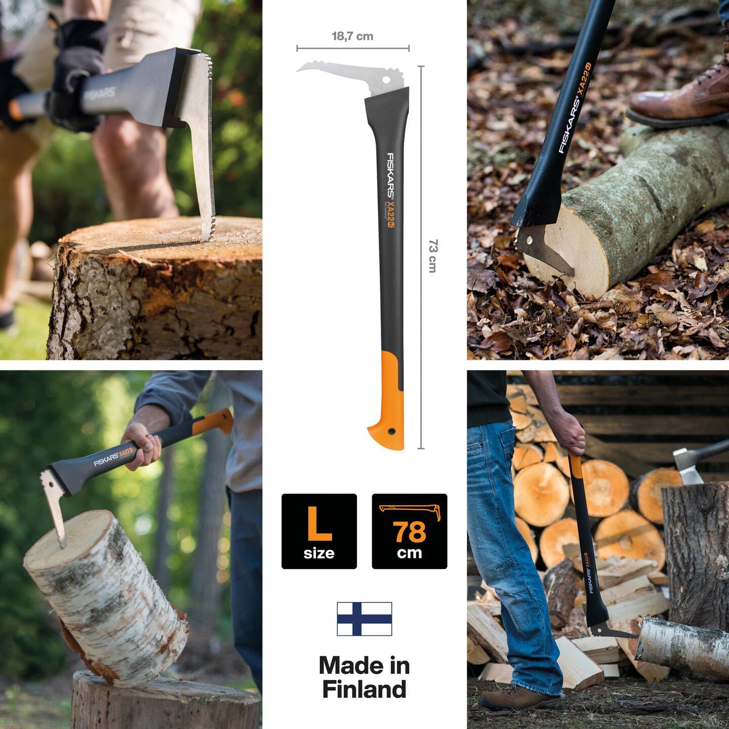 Ascia Fiskars WoodXpert XA22, 73 cm, per taglio legna, lama in acciaio temprato, manico ergonomico con impugnatura antiscivolo, Made in Finland. Ideale per lavori di taglio e spacco legna, leggera e resistente, dimensioni 18,7 cm x 73 cm.