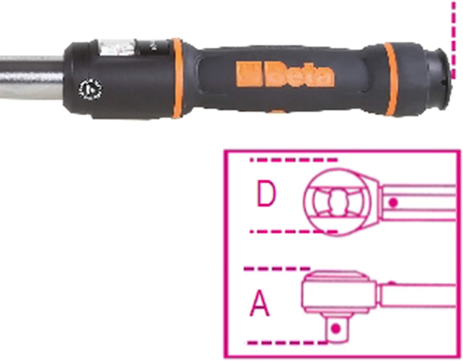 Primo piano di una chiave dinamometrica Beta con impugnatura nera e dettagli arancioni. Nella parte inferiore destra dell'immagine, sono presenti disegni tecnici con etichette "D" e "A" che mostrano i dettagli della chiave.