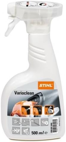 Bottiglia spray di detergente Stihl Varioclean da 500 ml, ideale per la pulizia di attrezzi da giardino, motoseghe e decespugliatori. Efficace contro olio e resina, con etichetta illustrativa e tappo a spruzzo regolabile. Perfetto per manutenzione attrezzi.