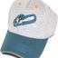 Cappello da baseball grigio e blu con visiera curva, logo motosega STIHL ricamato, dettagli arancioni, accessorio moda casual, ideale per lavoro all'aperto, protezione dal sole, cappellino unisex, tessuto confortevole e resistente.