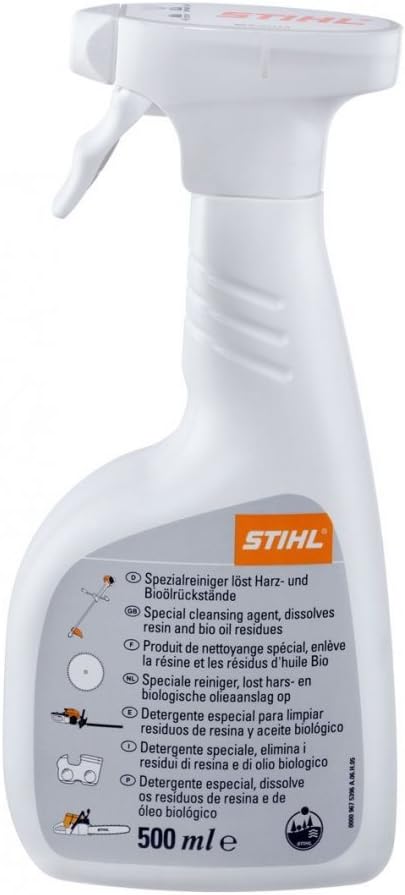 Spray detergente speciale STIHL 500 ml, ideale per rimuovere resina e residui di olio biologico, adatto per attrezzi da giardinaggio e motoseghe. Prodotto di pulizia efficace per mantenere le attrezzature in perfette condizioni.