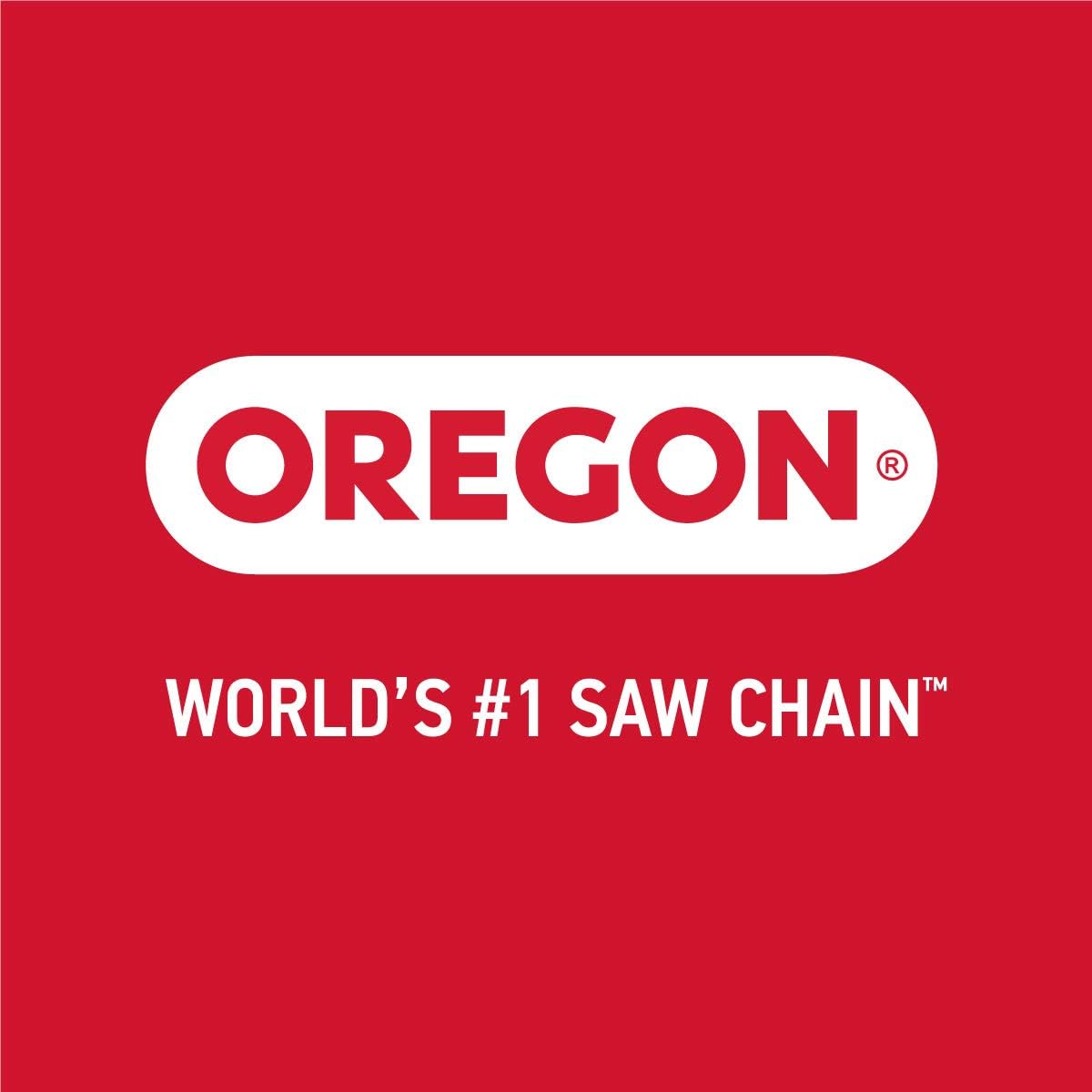 Logo OREGON su sfondo rosso con testo bianco, recita "WORLD'S #1 SAW CHAIN". Marchio leader mondiale nelle catene per seghe, sinonimo di qualità e affidabilità. Perfetto per chi cerca attrezzature da taglio professionali.