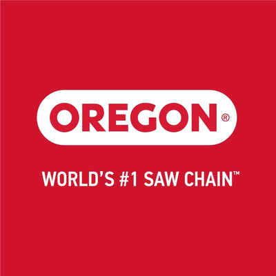 Logo OREGON su sfondo rosso con testo bianco, recita "WORLD'S #1 SAW CHAIN". Marchio leader mondiale nelle catene per seghe, sinonimo di qualità e affidabilità. Perfetto per chi cerca attrezzature da taglio professionali.