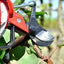 Primo piano di un paio di forbici da potatura professionali in azione su un ramo, con una mano guantata che le utilizza. Ideale per giardinaggio e cura delle piante, evidenziando la qualità e precisione dello strumento. Sfondo sfocato di un giardino.