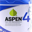 Tanica di carburante Aspen 4 per motori a 4 tempi, 5 litri. Benzina alchilata per professionisti. Etichetta blu e bianca con logo verde e scritte in inglese, tedesco, francese e italiano. Data di produzione: 21/04/2021.