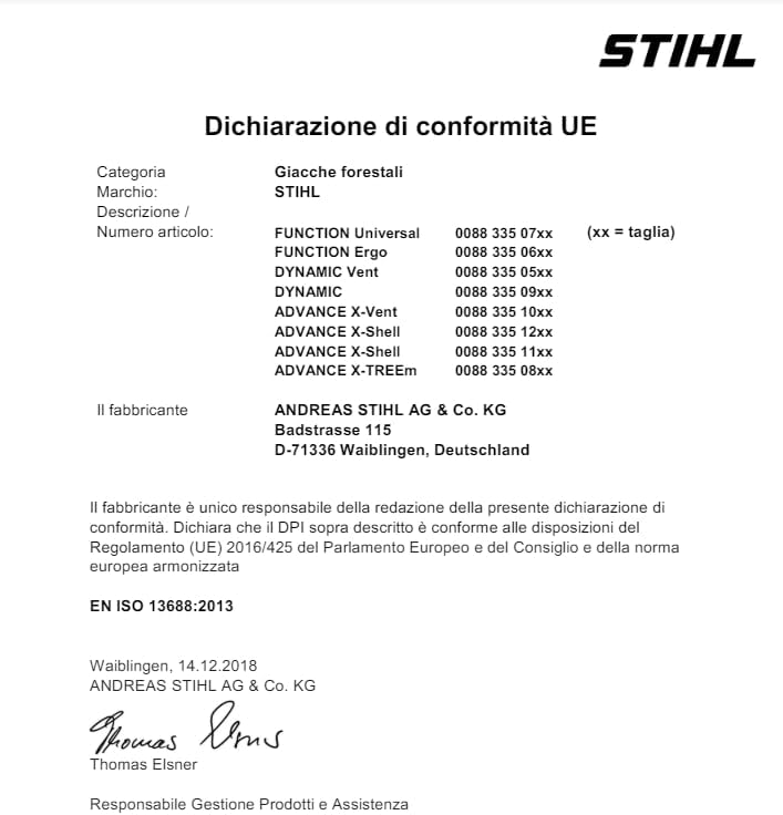 Dichiarazione di conformità UE per giacche forestali STIHL, modelli FUNCTION Universal, Ergo, DYNAMIC Vent, DYNAMIC, ADVANCE X-Vent, X-Shell, X-TREEm. Produttore: ANDREAS STIHL AG & Co. KG, Waiblingen, Germania. Conforme a Regolamento UE 2016/425 e EN ISO 13688:2013.