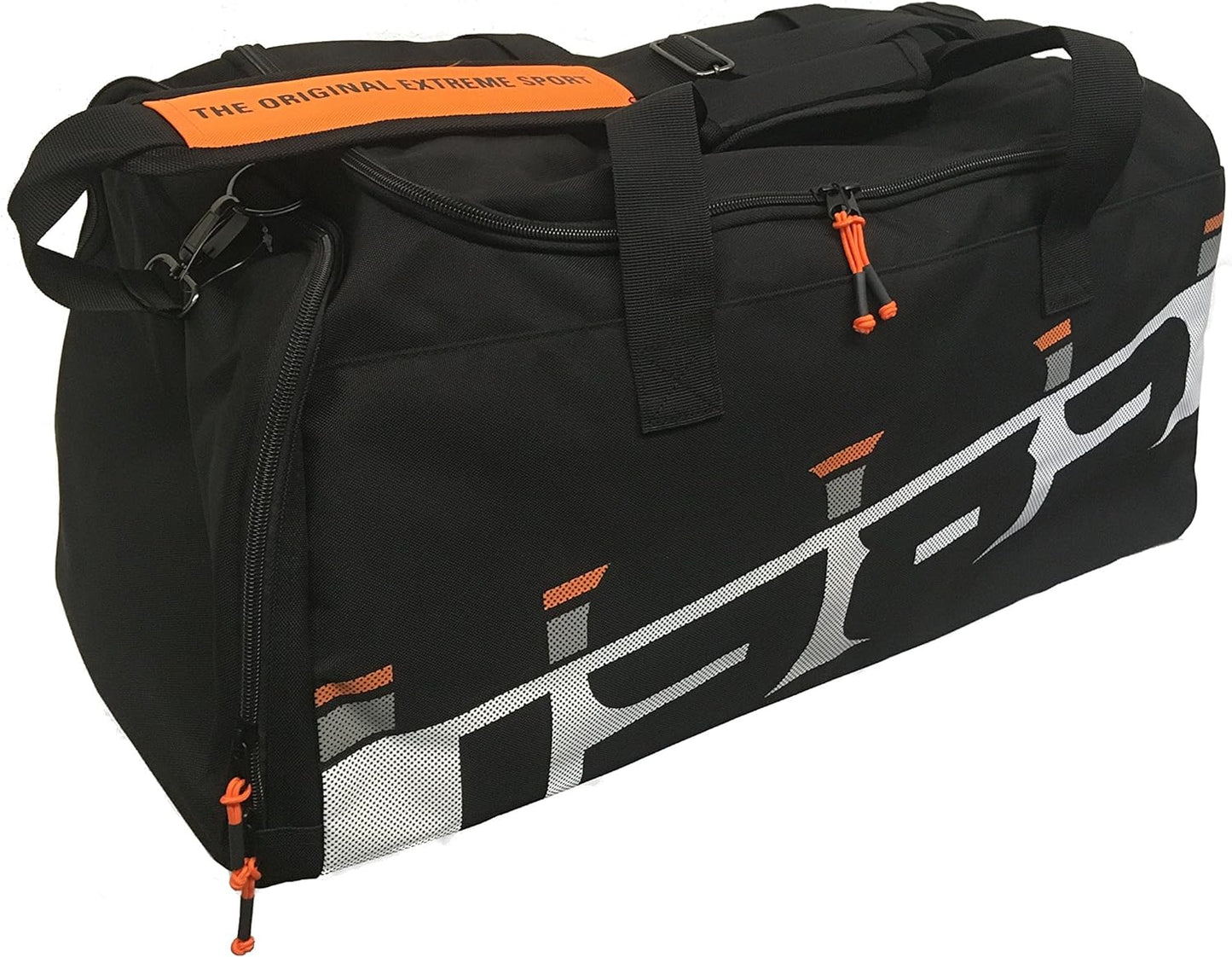 Borsone sportivo nero con dettagli arancioni, marchio "The Original Extreme Sport". Ampio scomparto principale con zip, tasche laterali, manici resistenti e tracolla regolabile. Perfetto per palestra, viaggi e attività outdoor.