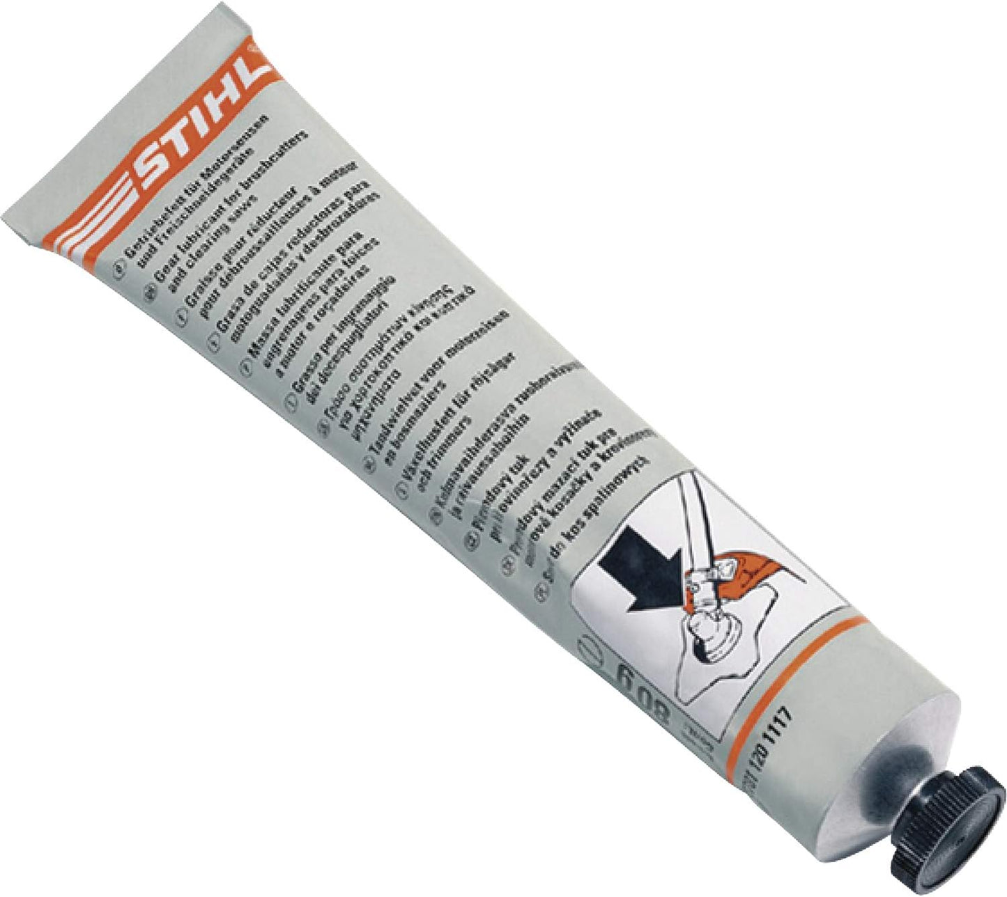 Tubo di grasso lubrificante Stihl per ingranaggi di decespugliatori, 80g. Ideale per manutenzione e protezione di attrezzature da giardinaggio e forestali. Codice prodotto: 0781 120 1117. Confezione in tubo con tappo nero.