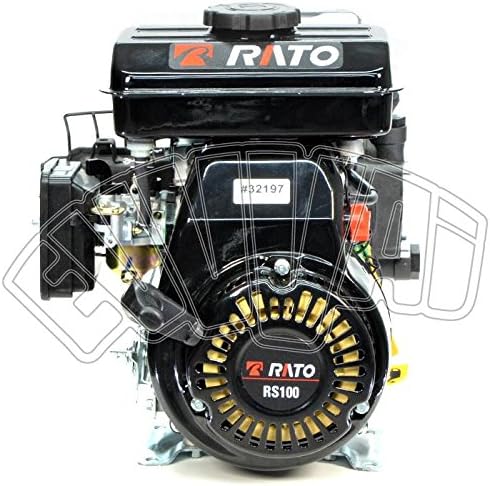 Motore a benzina Rato RS100, 4 tempi, monocilindrico, raffreddato ad aria, 97cc, 2.5HP, ideale per attrezzature agricole e da giardinaggio. Design compatto, alta efficienza e affidabilità. Colore nero con dettagli in arancione e bianco.