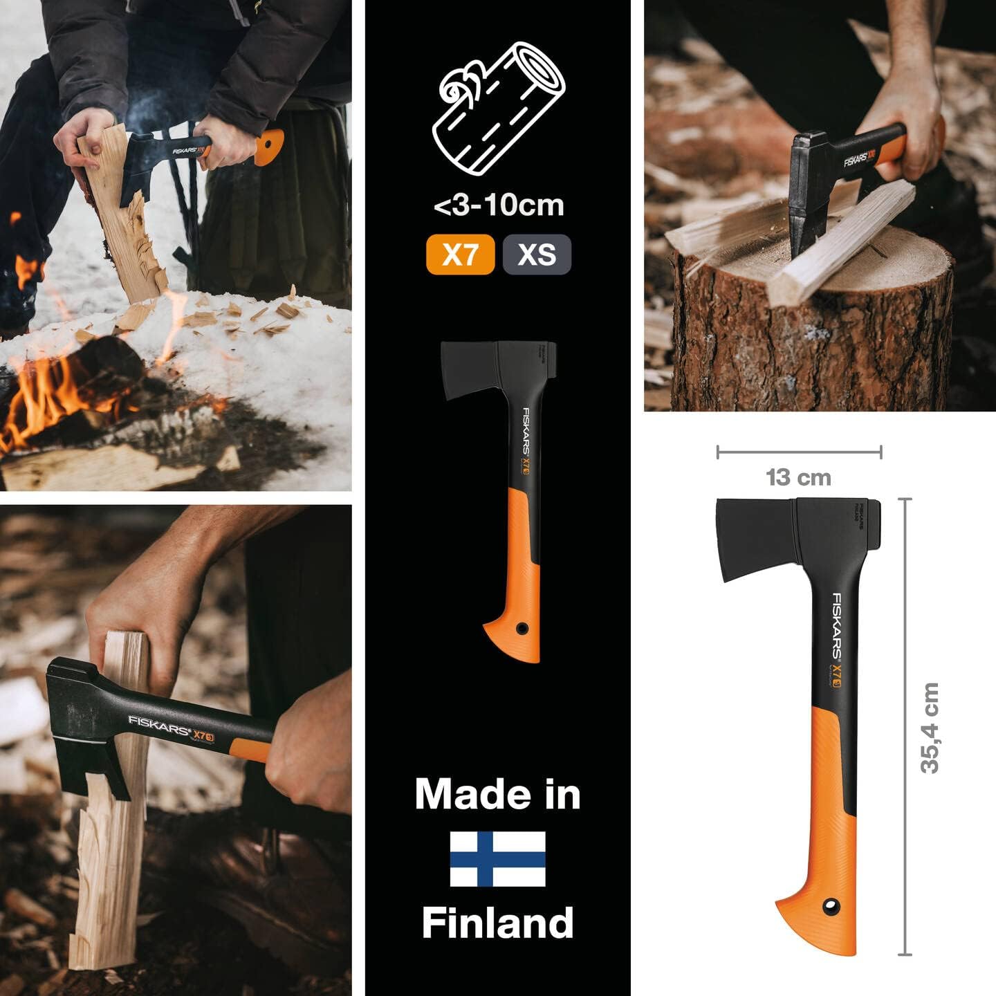 Ascia Fiskars X7 XS per spaccare legna da 3-10 cm, lunghezza 35,4 cm, larghezza 13 cm, manico ergonomico arancione e nero, ideale per campeggio e outdoor, Made in Finland.