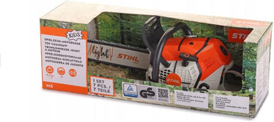 Confezione di motosega giocattolo per bambini Stihl, modello MS, con dettagli realistici e suoni, adatta per bambini dai 3 anni in su. Include 7 pezzi. Ideale per giochi di simulazione all'aperto, certificata GS per sicurezza.