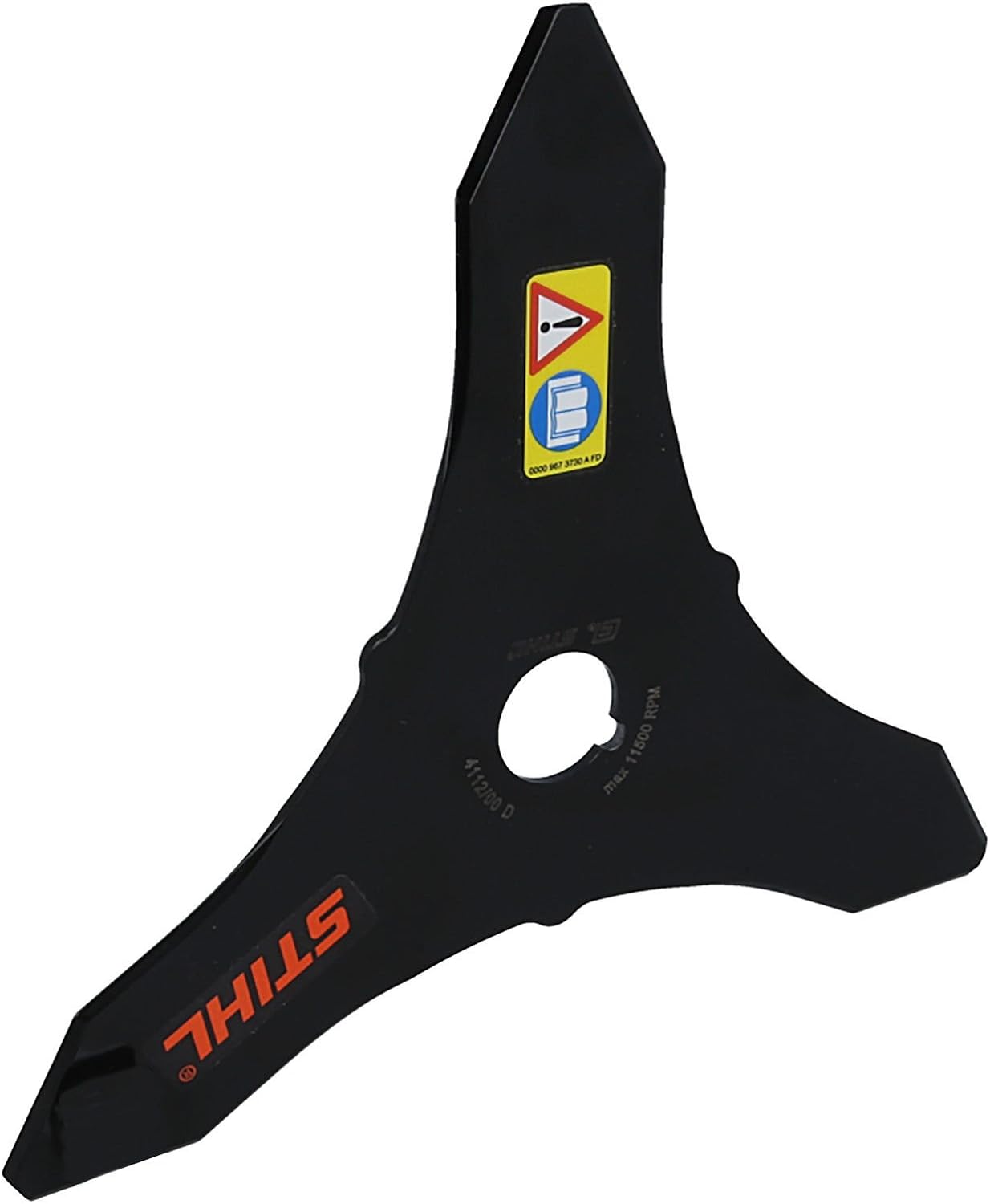 Lama per decespugliatore STIHL, tre denti, colore nero, etichetta di sicurezza gialla e blu, foro centrale per montaggio, ideale per taglio erba e sterpaglie, accessorio originale STIHL, alta qualità e durata, massima velocità 11.000 RPM.