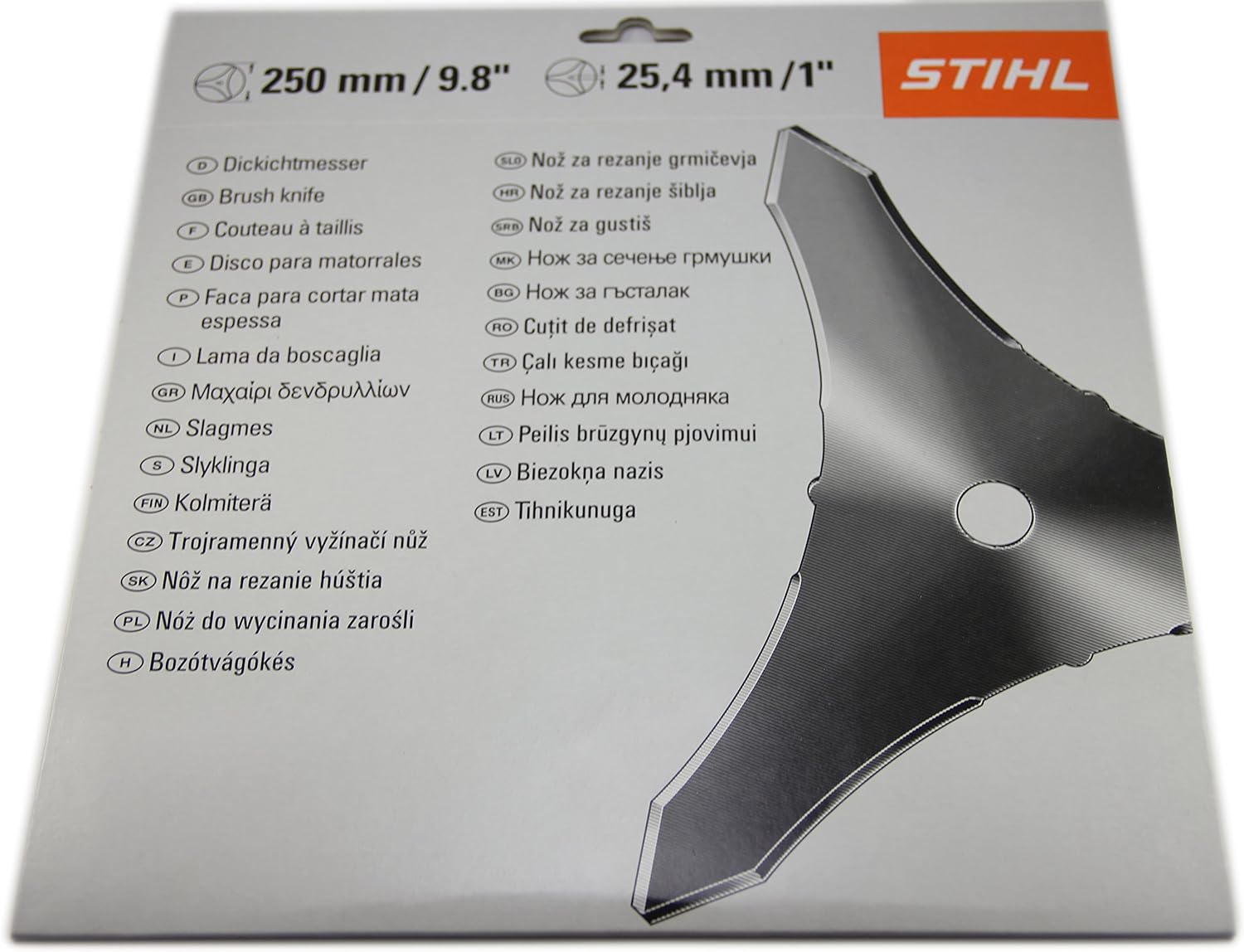 Lama per decespugliatore STIHL 250 mm x 25,4 mm, disco a tre punte per taglio di erba e cespugli, accessorio per attrezzi da giardino, confezione multilingue.