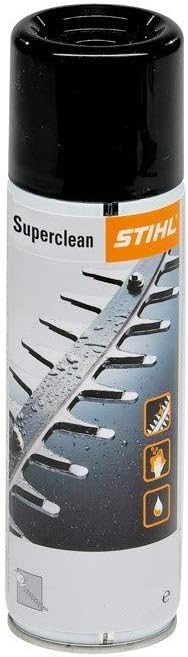 Spray detergente Stihl Superclean per attrezzi da giardinaggio, rimuove resina e sporco, lubrifica e protegge le lame, confezione da 300 ml, ideale per manutenzione di tagliasiepi e attrezzi da taglio.