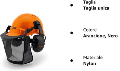 Casco protettivo STIHL arancione con visiera in rete e cuffie antirumore nere, taglia unica in nylon. Ideale per la sicurezza sul lavoro, protezione per il viso e l'udito. Accessorio indispensabile per lavori forestali e di giardinaggio.